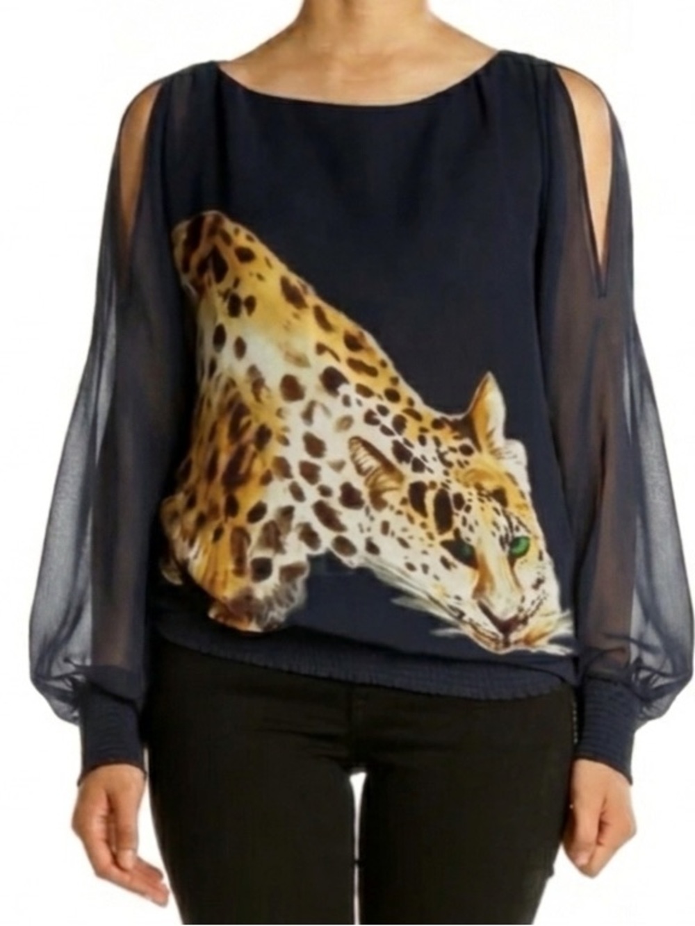 Trina Turk Navy Madagascar Leopard Cheetah Split Sleeve Smocked Top Blouse XS